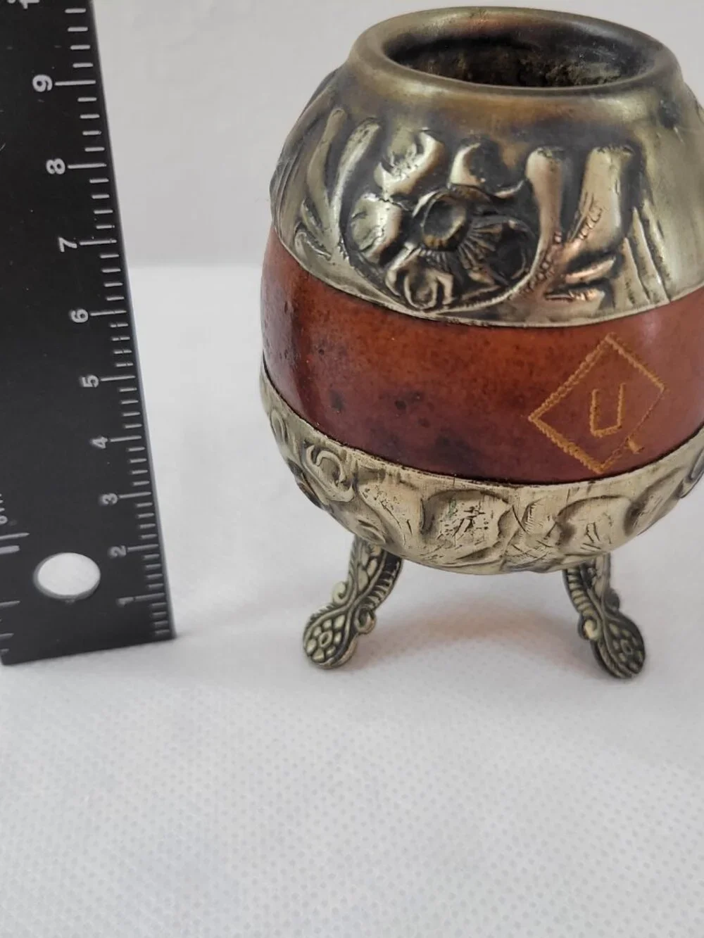 Vintage Argentine Yerba Mate Gourd Cup Metal Trim MF Ind Arg Art Deco